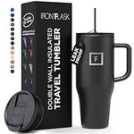 IRON °FLASK Co-Pilot Insulated Mug w/Straw & Flip Cap Lids - Cup Holder Bottle for Hot, Cold Drink - Leak-Proof- Water, Coffee Portable Travel Tumbler - Midnight Black, 40 Oz