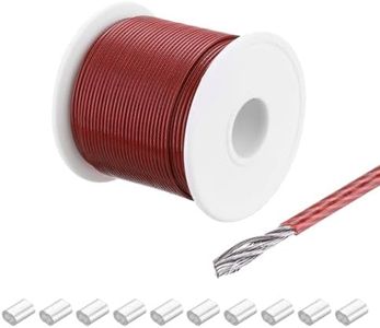 MECCANIXITY 197Ft(60M) Wire Rope 304 Stainless Steel Cable 1/16" (1.5 mm) Vinyl Coated with 10pcs Aluminum Sleeves for Hanging, Clotheslines, Lifting Red
