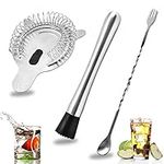 SENHAI Stainless Steel Cocktail Muddler, Spiral Mixing Spoon & 4-Prong Bar Strainer, Home Bar Bartender's Muddling Tool Set