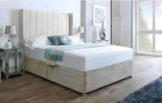 Milan Divan Bed | Luxurious Plush Fabric Divan Bed with 10’’ Mattress and 48’’ Floorstanding Wingback Vertical Liner | Bed Set with 2 Storage Drawers. (5FT-King Size - 150 x 200)