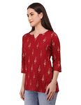 Women Indo Western Casual Going Out Trendy Floral Printed Cotton Summer V Neck Maroon Tunic Long Formal Basic Evening Top Short XL Kurta Kurti