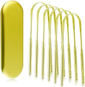 Alosalut 6 Pack Golden U-Shaped Tongue Scrapers - Reusable & Easy to Clean Tongue Scrubber with Travel Case for Adults & Kids - Medical-Grade 100% Stainless Steel Tongue Cleaner for Fresh Breath