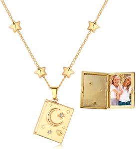 SweYone 18K Gold-Plated Moon & Star Locket Necklace for Women, Friendship Locket with Photo, Unisex, Gold