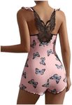 Floerns Women's Graphic Print Sleep Sleeveless Appliques Night Rompers Onesie Pink Medium