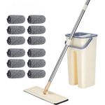 Flat Mop and Bucket set, Hands Free Squeeze Mop with 12 Reusable Microfiber Mop Pads and Stainless Steel 121cm Long Handle, Microfiber Floor Mop for Tiled, Marble, Hardwood