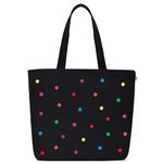 MASQ By Q-One Handcrafted Canvas Polka Embroidered Utility Tote Bags For Women With Zip, College Bag For Girls, 100% Organic Cotton Tote Bag For Traveling & Daily Use (Black)