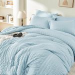 JOLLYVOGUE Light Blue Queen Comforter Set 7 Pieces - Seersucker Bed in a Bag Bedding Set for All Seasons - Soft and Comfortable - Machine Washable