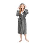 MONHOUSE Womens Dressing Gown - Premium Super Soft & Cosy Long Bathrobe - Ladies Thick Flannel Luxury Housecoat - Warm Fluffy Shearling Sherpa Spa Robe for Her - Dark Grey Sherpa UK 8-10