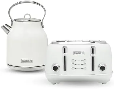 Haden Heritage Stainless Steel Body Retro Electric Tea Kettle, White and Haden Heritage 4 Slice Wide Slot Stainless Steel Retro Toaster, White