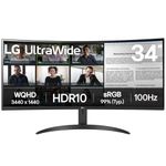 LG 34 Inches 21:9 Curved Ultra Wide Monitor, WQHD (3440 x 1440 Pixels), sRGB 99%(Typ), HDR 10, Dual Controller, PBP, Flicker Safe, Smart Energy Saving, HDMI, DP, Head Phone Out,Tilt, Black, 34WR50QK