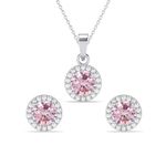 Clara 925 Sterling Silver Tove Pink Solitaire Pendant Earrings Chain Necklace Jewellery Set | Platinum Plated, Swiss Zirconia |Gift for Women and Girls