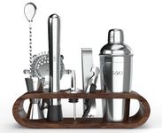 Saki Home Decor Stainless Steel Cocktail Shaker Gift Set with Stand - 10-Piece, Bartender Kit : Drink Shaker, Spoon, Jigger, Muddler, Strainer, Bottle Opener, Stopper,Pour Spouts, Stirrers, Tongs