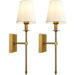 TERLEENART Modern Antique Brass Wall Sconce Set of 2 with White Fabric Shade and Long Slim Arm,Wall Lighting for Bathroom Vanity Mirror Living Room Dining Entryway Fireplace Mantel Theater Room