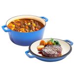 2 in 1 Enameled Cast Iron Dutch Oven Pot 6QT with 2QT Lid - Big Dual Handles - Oven Safe up to 500°F - Classic Round Pot for Versatile Cooking Blue