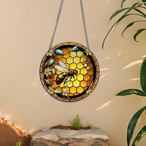 HOTIYOK Cute Bees Acrylic Window Hangings Retro Yellow Hive Stained Window & Wall Decor with Chain, Ideal Housewarming Gift, Home Decor for Mom Grandma Wife Teacher Insects Lover
