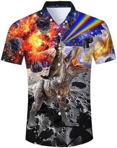 Fanient Hawaiian Shirts for Men Flame Cat Laser Beam Dinosaur Printed Aloha Short Sleeve Beach Summer Button Down Shirt for Holiday L