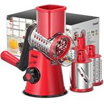 Geedel Rotary Cheese Grater, Vegetable Slicer, Kitchen Grater for Fast and Easy Cutting, Rotary Drum Grater Ideal for Cheese, Veg, Nuts, Chocolate, etc. (3 Blades) Red, 10.24 x 4.92 x 9.37in