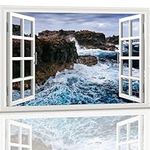 AWMTART Fake Window Wall Mural Sticker Removable Poster Picture-48in×32in Seawater Rocks Self-Adhesive Wallpaper Decor Peel and Stick Faux Windows for Bedroom Living Room Office