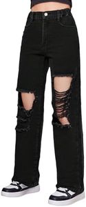 Floerns Girls Cut Out Ripped Wide Leg Jeans High Waisted Distressed Denim Pants Black 10-11Y