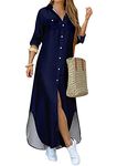 YMING Women Summer Maxi Dress Casual Stand Neck Button Long Sleeve Maxi Slit Long Shirt Dress Dark Blue 3XL