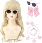 Bettecos Long Blonde Wig with Bangs for Women Wavy Bouffant Wigs for Adult Costume Halloween Party Daily Wear Including Shell Necklace Bracelets Earrings Sunglasses and Bow Hair Clip (Wig+Necklace+Earrings+Bracelet+Glasses+Bow)