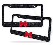 Zento Deals Shiny Bling Women License Plate Frame- Crystal BlackRhinestones with Red Ribbon Bow- 2-Pack Premium Quality License Plate Cover with Mounting Screws (C-red bow)