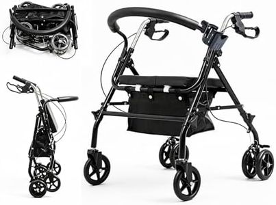 BAABYOY Foldable Rollator Walkers with Seat for Seniors, 6'' Big Wheels, 150KG Weight Capacity, Adjustable Handles and Dual Brake System, Phone Holder, Lightweight Rolling Walker, Black