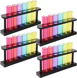 Juvale 4 Pack Plastic Test Tubes with Rack for Parties, Plant Propagation, Shot Glasses Holder for Science Themed Birthday Party, Pouring and Storing Liquids, 6 Colors (1.5 Ounces)