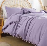 TanNicoor Pom Fringe Duvet Cover Set - 3 Piece Natural Ultra SOFE Color Washed Microfiber Bedding Set, Modern Style Down Comforter Quilt Cover with Zipper Closure(King, Lavender Purple)