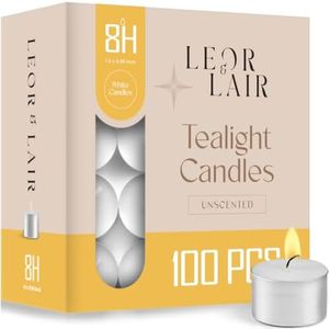 Leor & Lair 8 Hour Tealight Candles - 100 Pack Unscented White Tealights