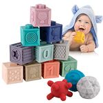 BOBXIN 15PCS Baby Blocks Toys Soft Building Blocks Sensory Ball Set teethers for babies Bath Toys Squeeze Play with Numbers Shapes Animals Fruit and Textures Toy for 8 Months Toddlers