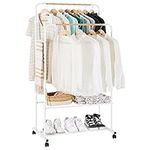 YOUDENOVA Clothes Rail on Wheels Clothes Rack Double Hanging Rails for Clothes Rails for Bedroom Heavy Duty Metal Stand Storage Shelf White