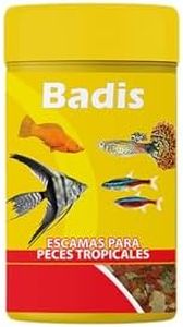 BADIS Comida para Peces Tropicales en Escamas - Formato de 100 ml/ 20 g - Alimento Completo para Peces - Favorece el Crecimiento y la Fertilidad - Mejora la Pigmentación - Acuario Más Limpio