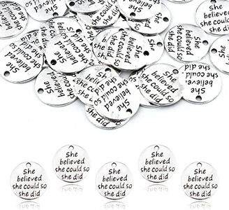 JIALEEY 30pcs Alloy She believed she could so she did DIY Message Charms Pendant for Crafting Bracelet Necklace Jewelry Making Accessory, Antique Silver Round, Alloy, round