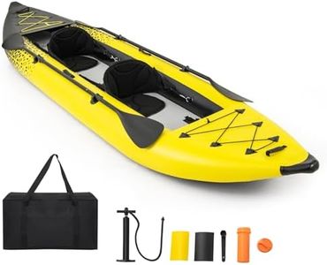GYMAX Inflatable Kayak, 12.5Ft 507lbs Tandem Kayak with 2 Aluminum Paddles, 2 Padded Seats, 2 Fins, Hand Pump, Carry Bag & Repair Kit, 2 Person Fishing Touring Kayak for Adults Youth (Yellow)