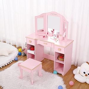 Bophy Girls' Vanity Table and Chair Set, Kids Makeup Dressing Table with Wood Makeup Playset Toy, Kids Vanity Set with Mirror & Drawer for Age 4-9, Pink (STM-102PA)