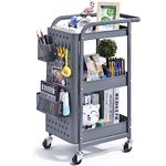 KINGRACK 3-Tier Rolling Cart, Metal Utility Cart with Pegboard, Storage Trolley Organizer Serving Cart with Handle and Extra Baskets Hooks for Kitchen Office Teacher Classroom, Grey