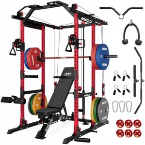 Mikolo K6 2.0 Power Cage, Power Rack with Cable Crossover System, 2000LBS Squat Rack with LAT Pull Down System, Functional Trainer with Aluminum Pulley System for Home Gym, Red, 370LB Color Weights
