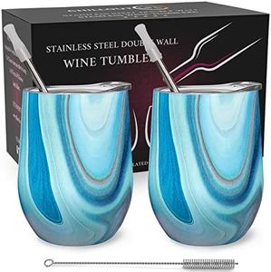 CHILLOUT LIFE Stainless Steel Wine Tumblers 2 Pack 12 oz - Double Wall Vacuum Insulated Wine Cups with Lids and Straws Set for Coffee, Wine, Cocktails (Ocean Marble)