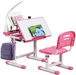 COSTWAY Kids Study Desk and Chair Set, Adjustable Children's Table with Eye-protection Lamp, Bookstand, Tilted Desktop, Ideal for Writing, Reading and Drawing (Pink)