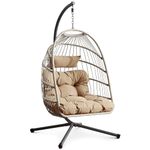 Hanging Chair with Frame, Foldable Egg Chair Outdoor Indoor, Rattan Hanging Egg Chair with Comfortable Cushion, Hammock Swing Chair for Garden Patio and Reading Corner, 160kg Weight Capacity