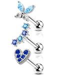 COCHARM 3Pcs Blue Butterfly Cartilage Earring Stud Set 16g Heart Helix Earring Stud Aque Blue Tragus Helix Piercing 6mm Screw Back Helix Jewelry, 16g-2mm CZ Top, Stainless Steel, cubic zirconia