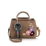 NICOLE & DORIS Women Leather Handbag Shoulder Bags with Flower Vintage Handle Bag Designer Tote Purse with Pompom khaki