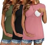 Ekouaer Womens Nursing Tops Short Sleeve Ribbed Breastfeeding Shirts 3 Pack Double Layer Maternity Shirt Pregnancy Clothes