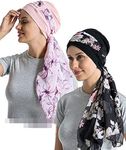 JarseHera Bamboo Cotton Liner Chemo Headwear for Womenwith Silky Scarfs for Cancer Hair Loss Sleep Caps Beanie, Black+Pink,New, One Size