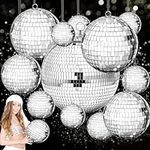 Beeveer 12 Pcs Large Mirror Disco Ball Light Mirror Ball Disco Party Decorations Silver Hanging Ball Sets Reflective Mirror Disco Ball Ornament for Christmas Wedding Party Favor(8/5/3/2 Inch)