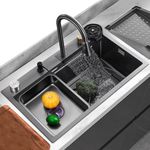 Black Kitchen Sink Waterfall Faucet Stainless Steel Sink with Cup Washer Large Single Bowl Sink All Accessories Included 80x45x22cm