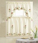 BH Home & Linen B&H Home Cosmo Floral Embroidered 3-Piece Kitchen Curtain Window Treatment Set (Burgundy)