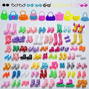 HighFun Doll Shoes Rack + 50 Pairs Doll Shoes 10 Doll Handbags 10 Doll Glasses Replacement Fashion Playset Accessories Different Assorted Colors High Heel Boots Sandals for 11.5 Inch Girl Doll