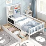 Giantex Twin Bed with 2 Storage Drawers, Solid Wood Kids Bed Frame w/Bookcase Headboard & Blackboard, Full-Length Guardrails & Wooden Slats Support, Twin Bed Frames for Kids Boys Girls, White